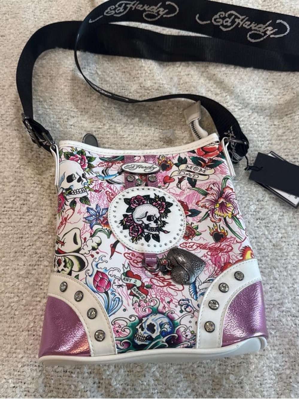 Ed Hardy White Floral Skull Crossbody Bag with Pink Accents